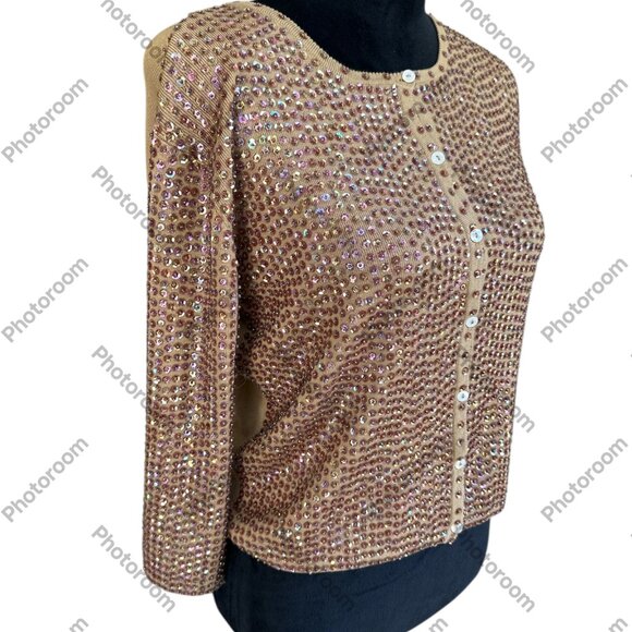 Joseph A. NWT Vintage Silk Dark Tan Sequined 3/4 Sleeve Button Cardigan Medium - Picture 2 of 5